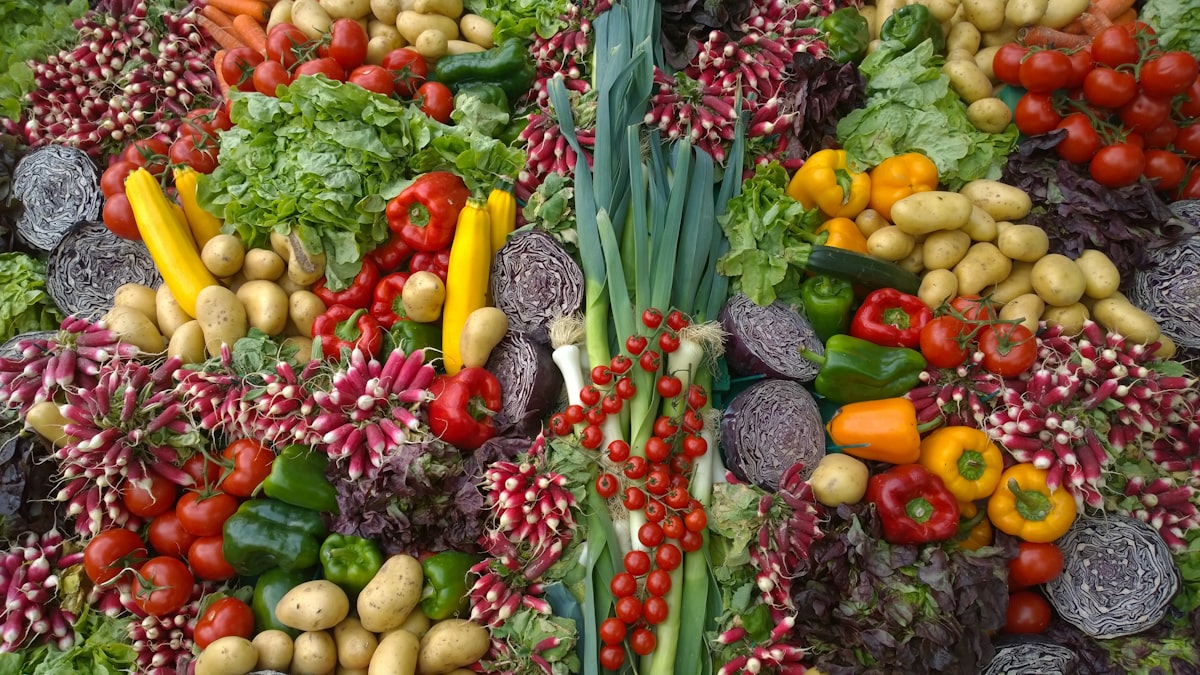 Colorful seasonal vegetables and fruits